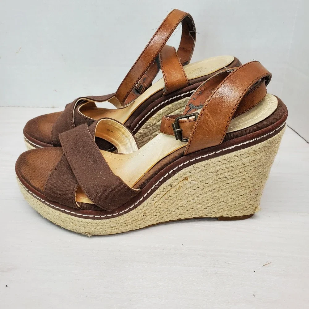 Lands End Canvas 1963 Brown Espradille Sandals Open Toe Wedge Heel Size 8 B